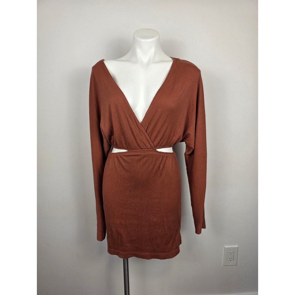 FP Beach Women's Brown Long Sleeve Mini Dress with Cutout - Size Small